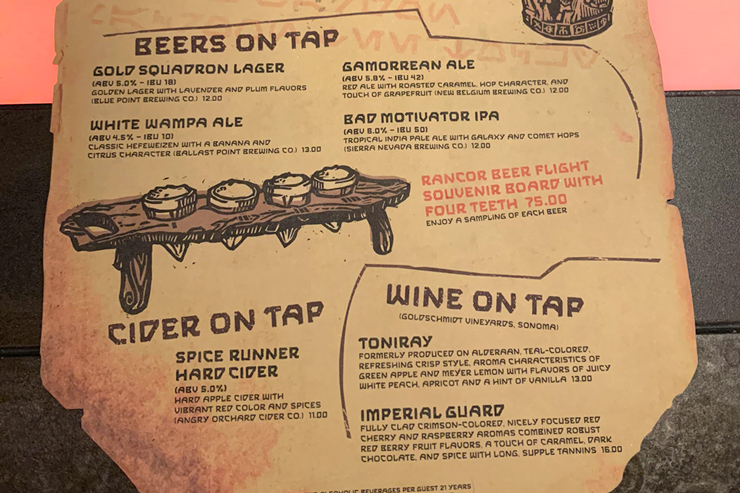 The Beer and Wine Menu at Olga's Cantina - Star Wars Galaxy's Edge