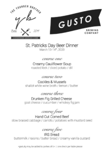 The Younger Brother and Gusto Beer Dinner - St Patrick's Day 2020 Menu